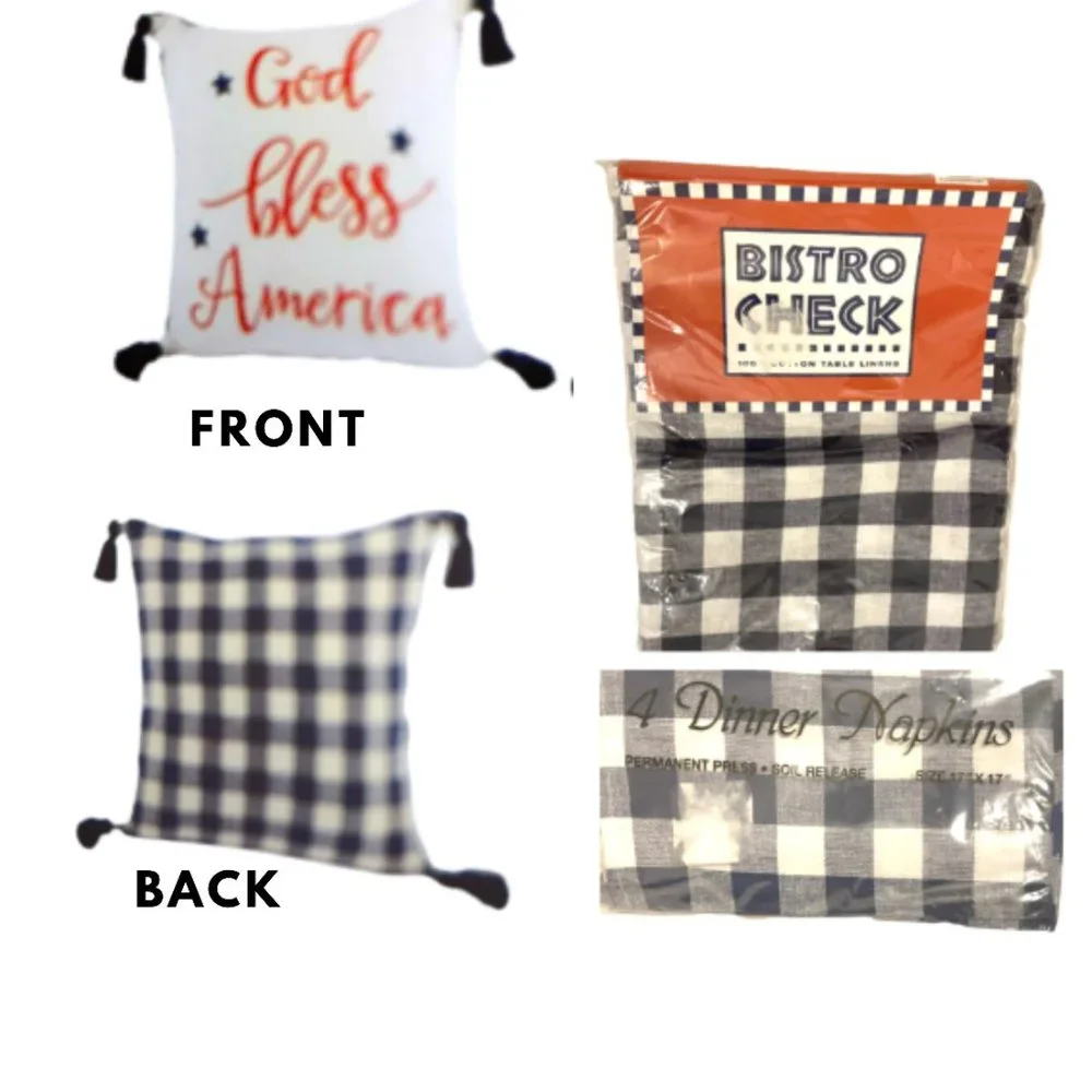Tablecloth Round 60 in. & 4 Napkins God Bless America Pillow Cover Buffalo Check